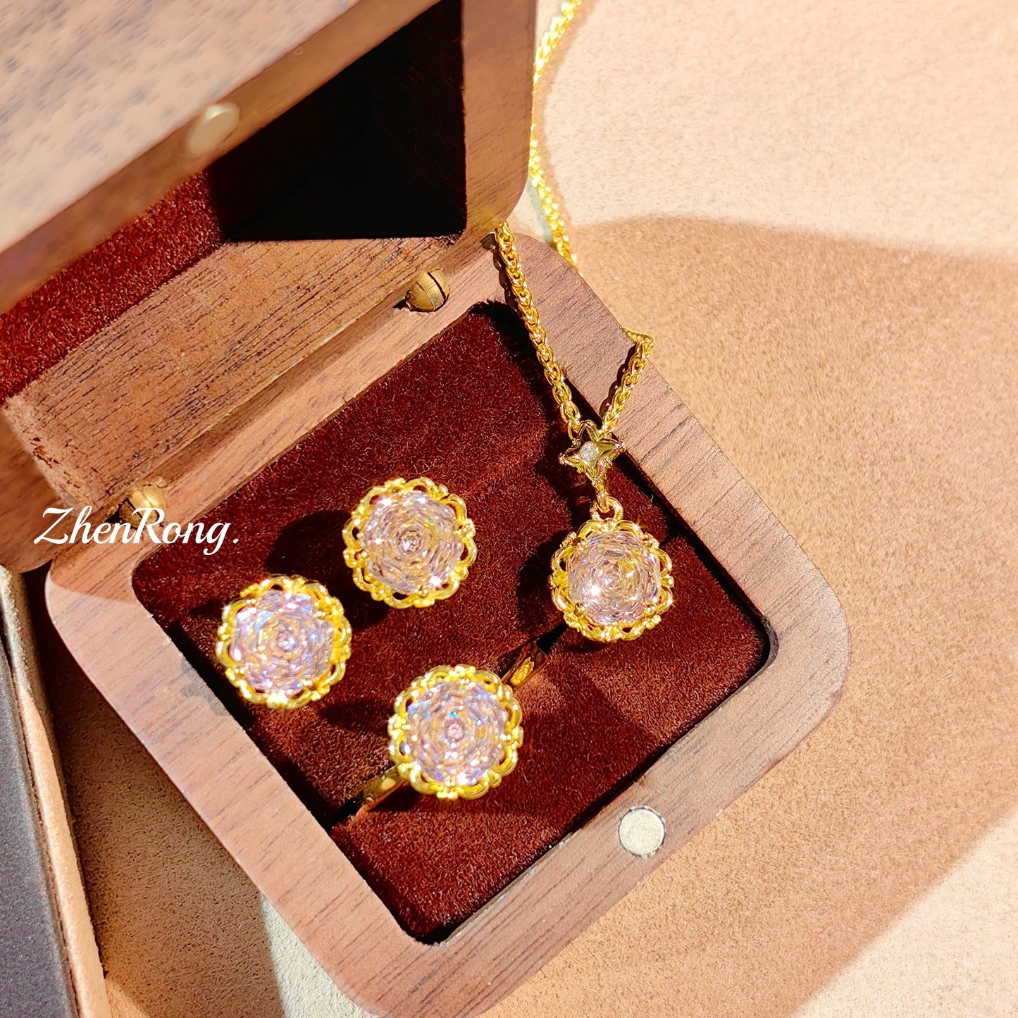 Women's Sea Blue Zirconium Inlaid High Carbon Diamond Pink Jewelry Set