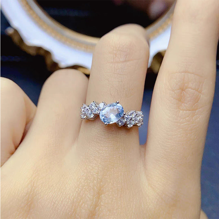 Sier Plated Imitation Natural Aquamarine Female Inlaid Zircon Fashion Open Ring