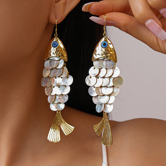 Women's Fish-shaped Shell Tassel Ear Hook Seaside Earrings