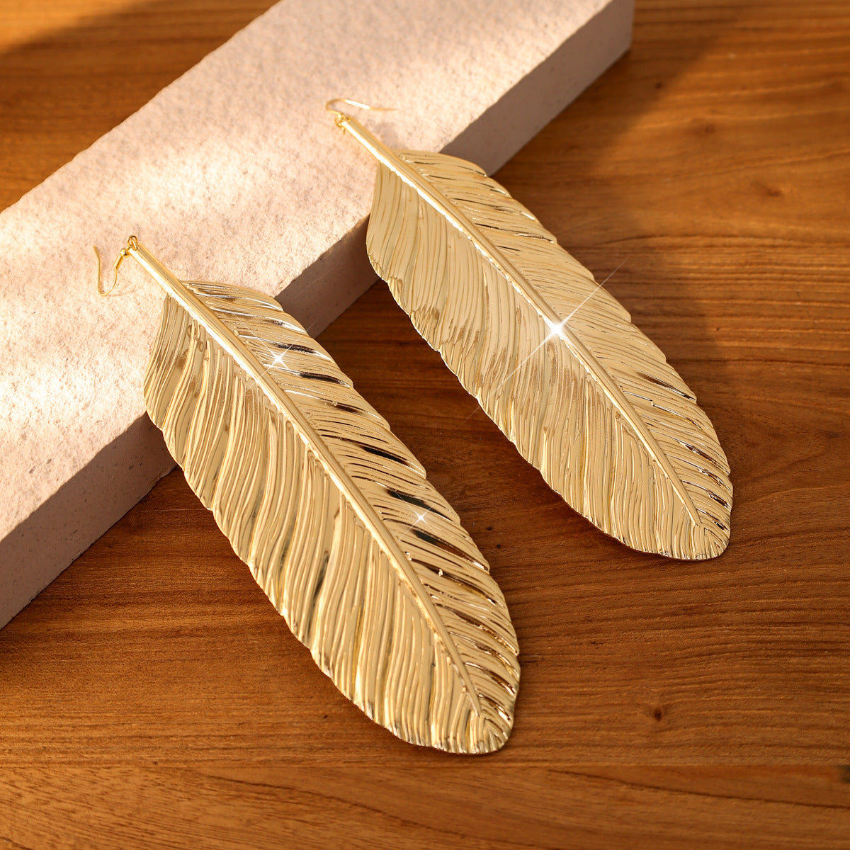 Exaggerated Long Metal Feather Textured Niche Earrings