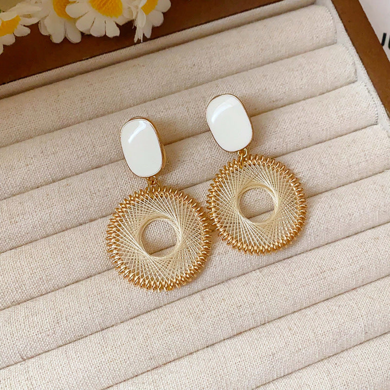 Women's Drop Oil Rectangular Thick Thread Woven Round Niche Exaggerating Earrings