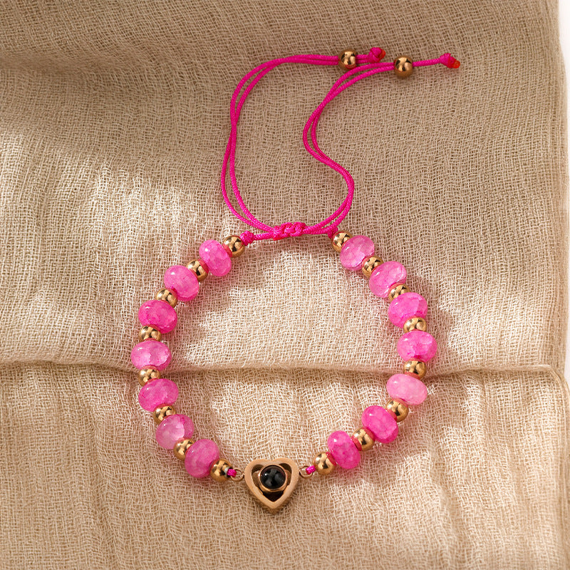 Stone Beaded Heart-shaped Stainless Steel Couple Confession Hd Projection Customizable Bracelet