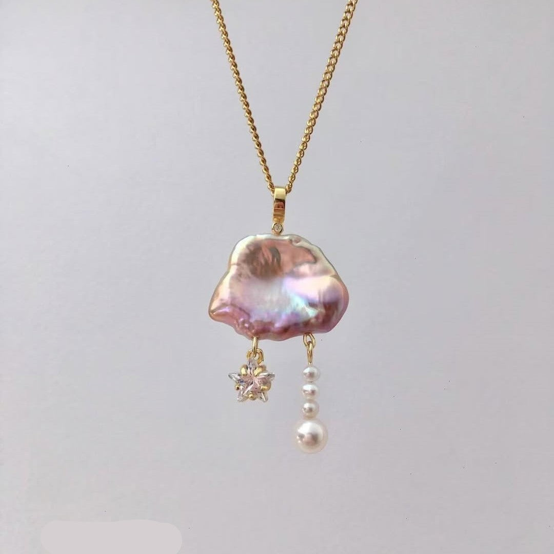 Natural Baroque Pearl Moon Star Diamond Necklaces
