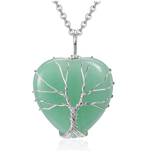 Natural Crystal Stone Heart-shaped Winding Tree Of Life Pendants