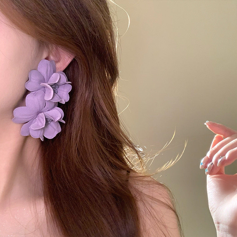 Square Round Face Purple Flower Super Fairy Atmosphere Mori Ear Stud Earrings