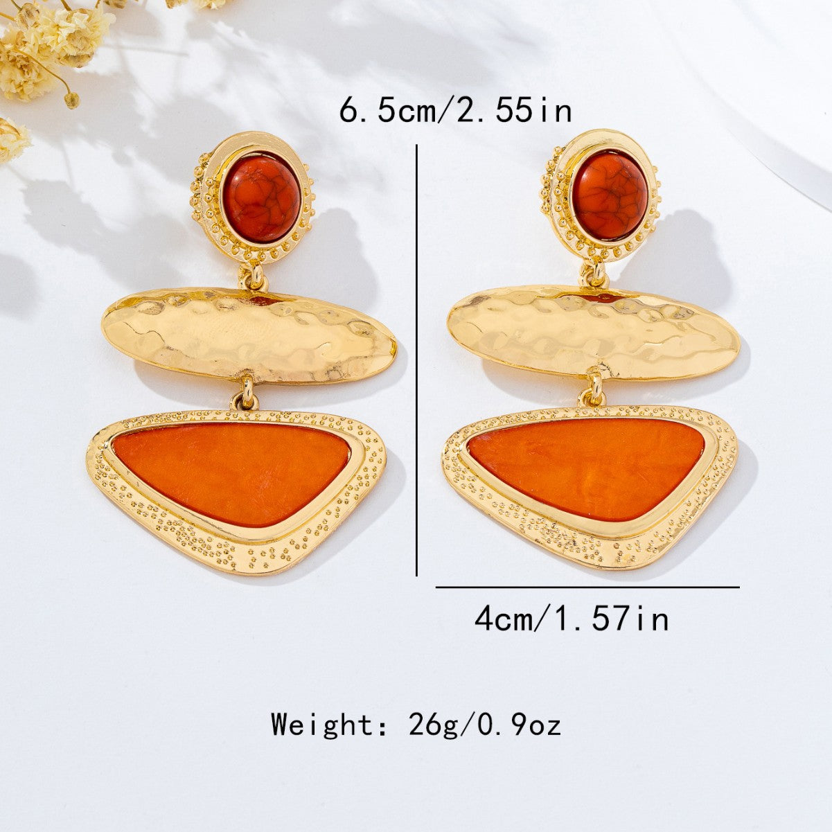 Style Geometric Hammered Metal Orange Stone Long Niche Earrings