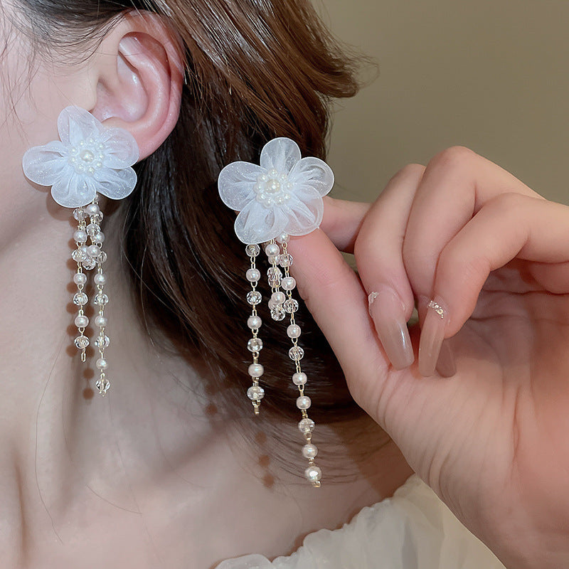Net Yarn Flowers Tassel Fresh Sweet Earrings