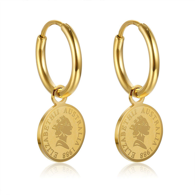Rose Flower Square Portrait Elizabeth Gold Coin Titanium Steel Earrings