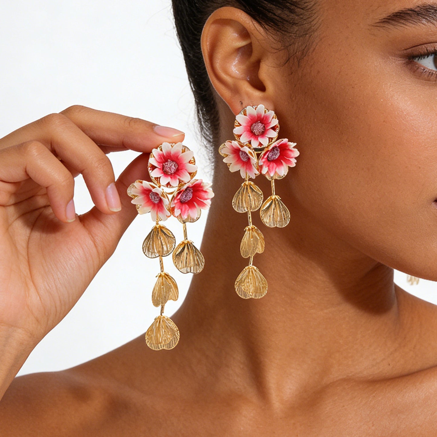 Women's Fashion Metal Hollow Floral Tassel Fresh Earrings