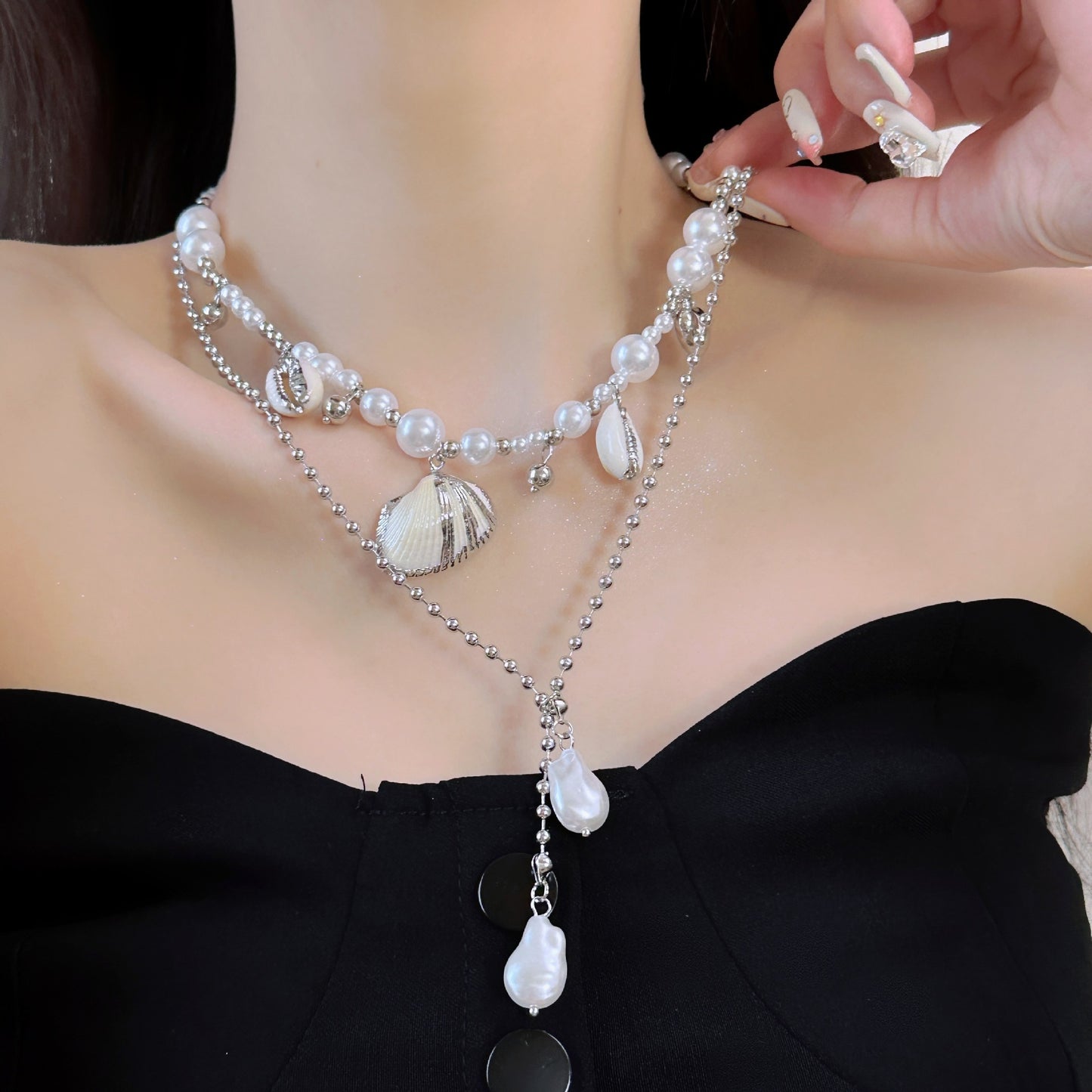 Shell Conch Pearl Double Layer Twin Graceful Fashionable Necklace