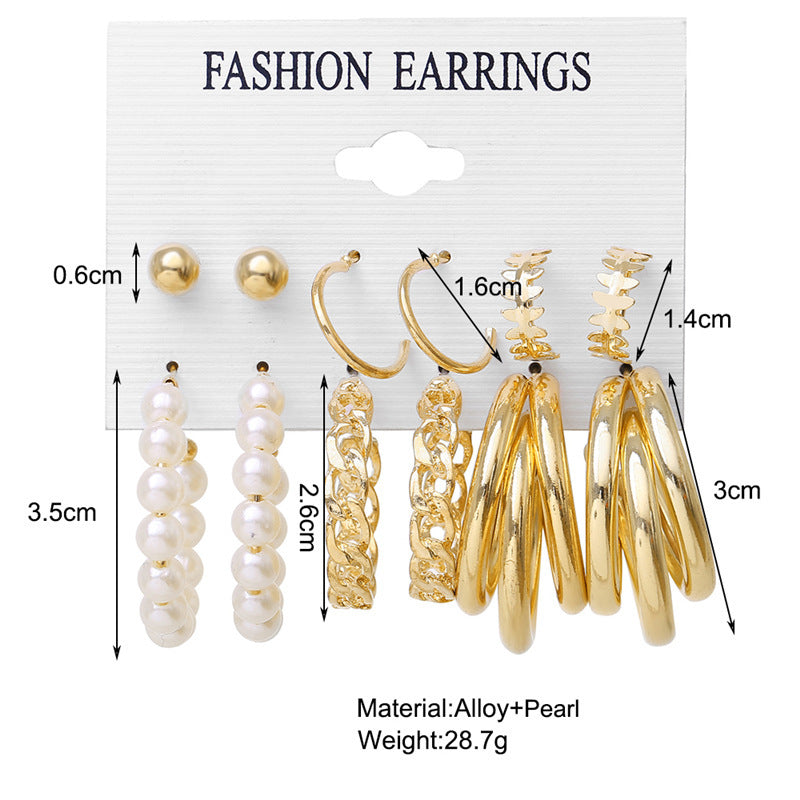 Geometric Pearl Round Chain Ball Combination Earrings