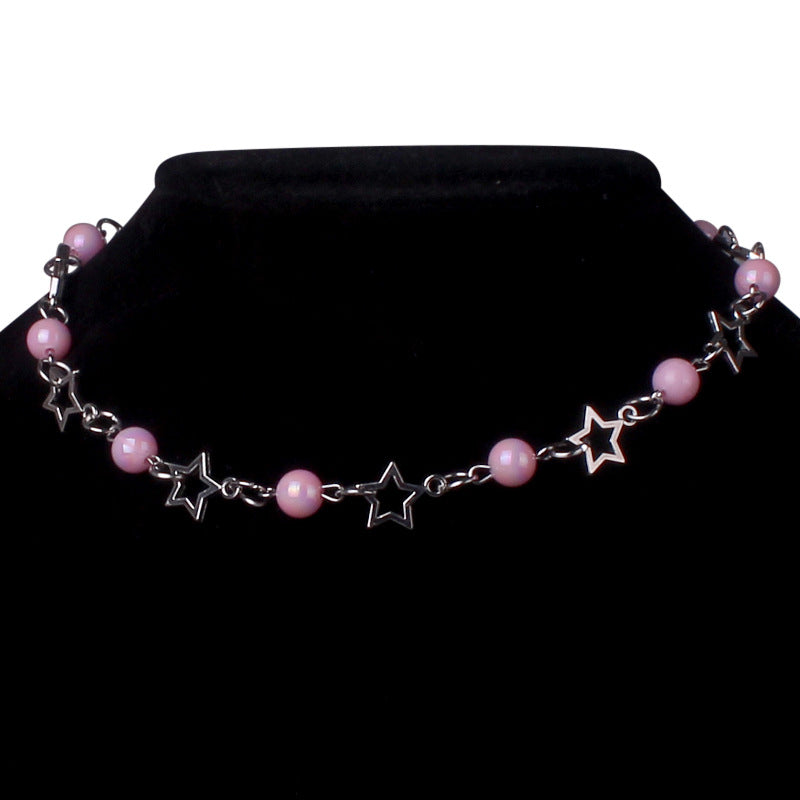 Pop Punk Hollow Pentagram Imitation Pearl Necklace