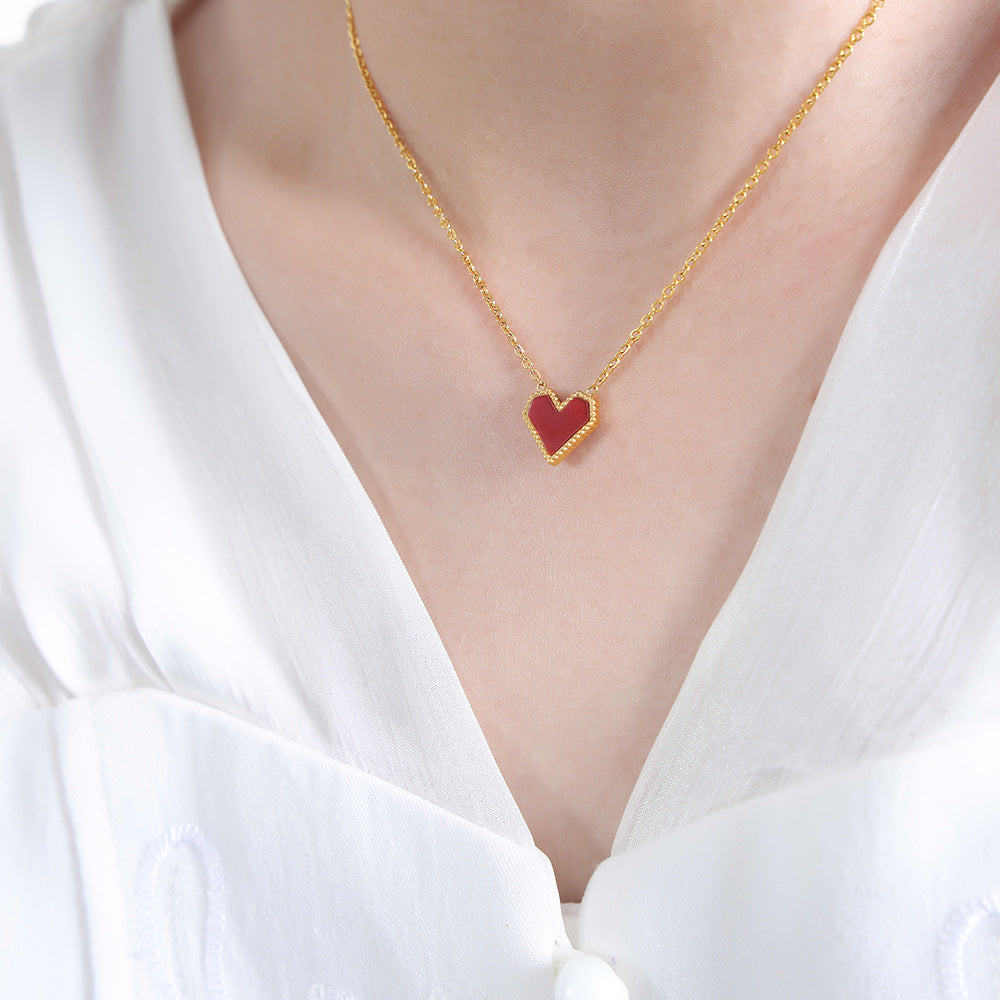 Women's Peach Heart Micro Glass Bead Titanium Steel Gold Earrings