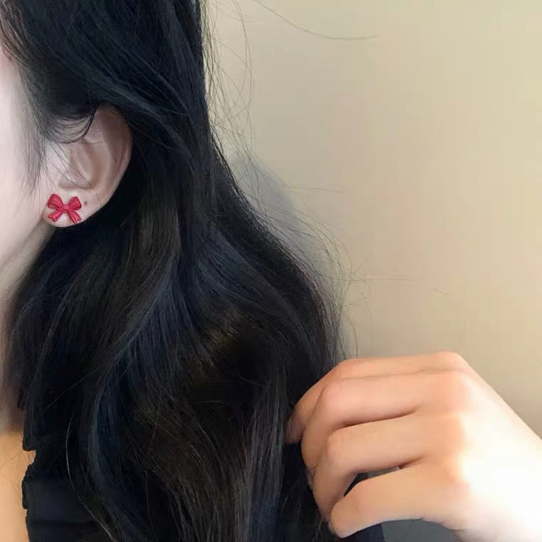 Red Bow Retro Matte Texture Gentle Style Daily Stud Earrings