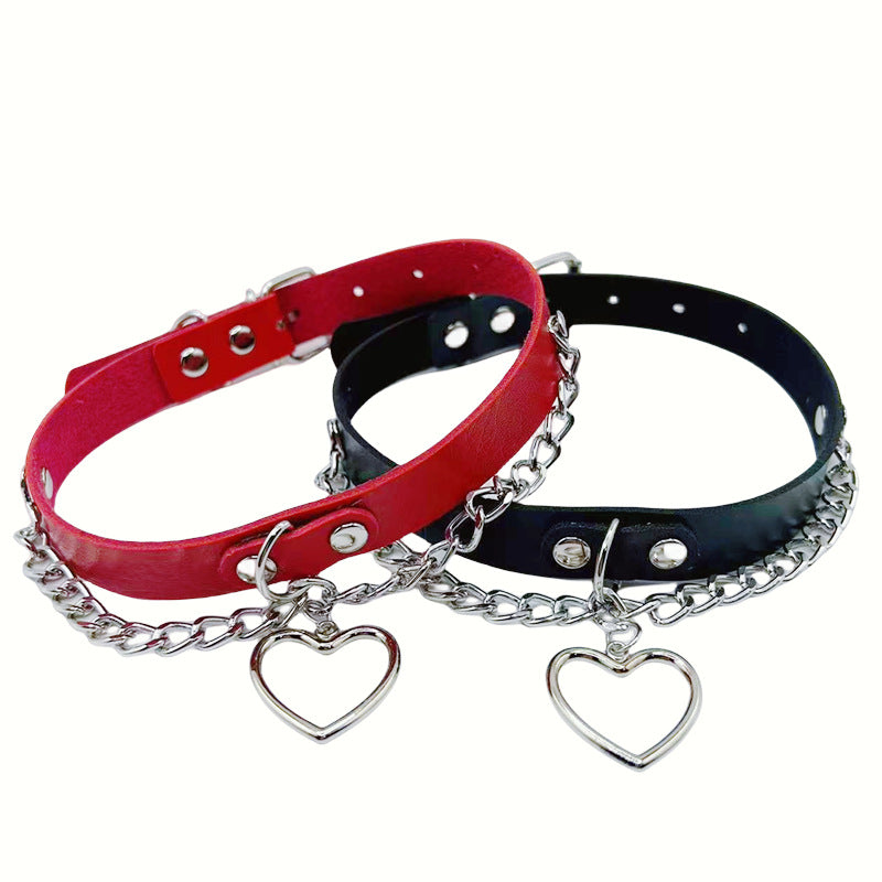 Love Peach Heart Neck Band Leather Collar