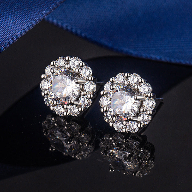 Imitation Moissanite Female Sun Flower Ear Karat Electroplated Platinum Live Stud Earrings