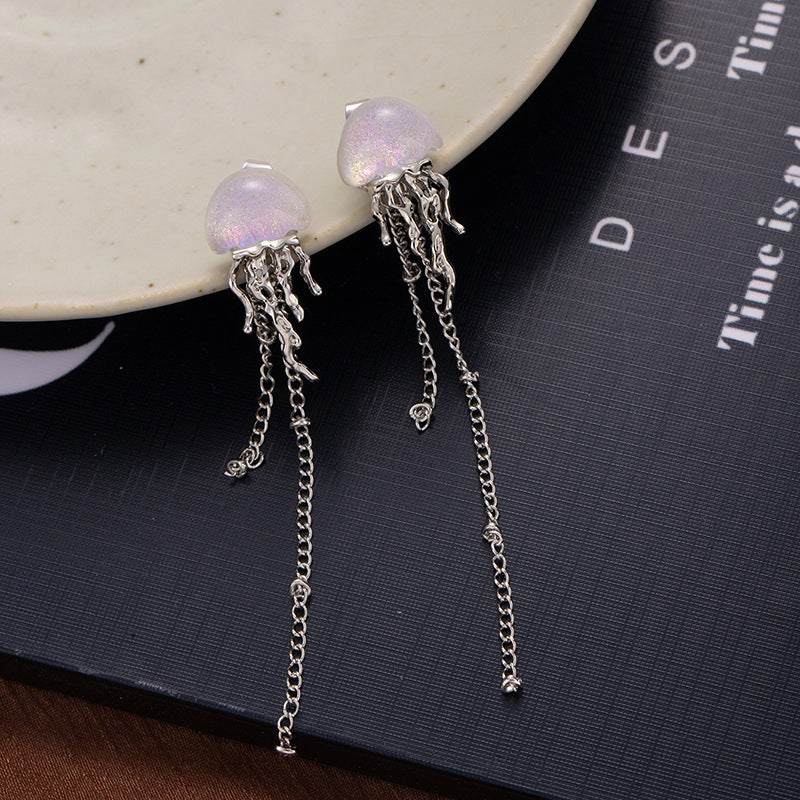 Women's Sier Needle Jellyfish Tassel Unique Design Stud Earrings