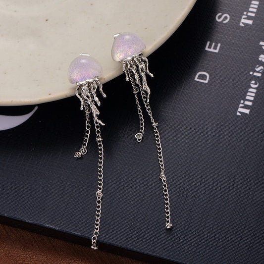 Women's Sier Needle Jellyfish Tassel Unique Design Stud Earrings