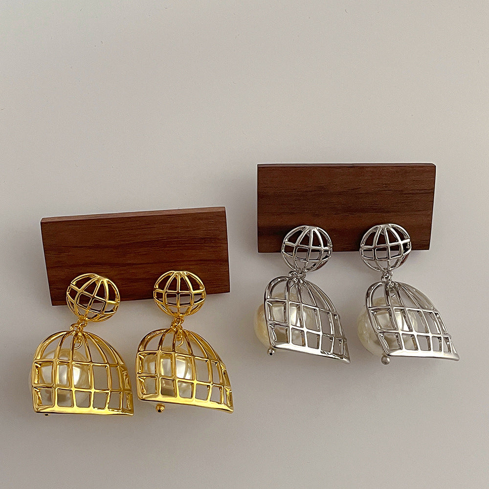 Light Luxury Cold Style Metal Bird Cage Wrapped Pearl Sier Earrings