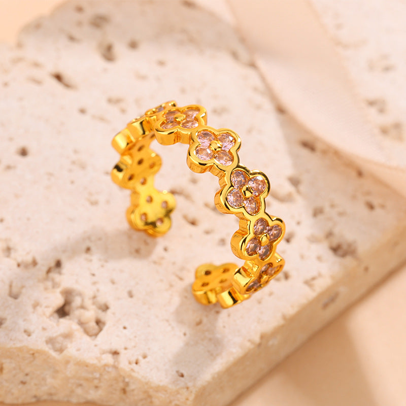 Luxury Copper Inlaid Color Diamond Clover Open Adjustable Elegant Ring