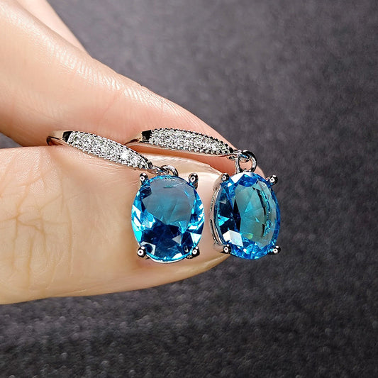 Aquamarine Stone Temperament Egg-shaped Sapphire Inlaid Ear Hook