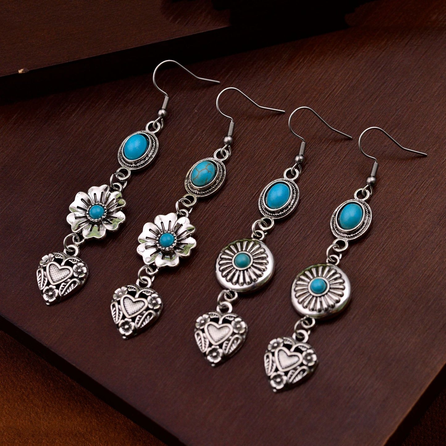 Bohemian Elegant Distressed Texture Flower Love With Turquoise Earrings