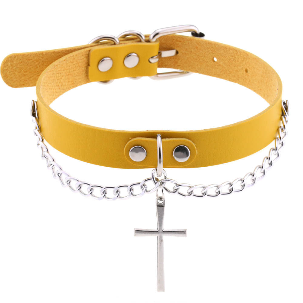Leather Chain Cross Clavicle Classic Neckband Collar