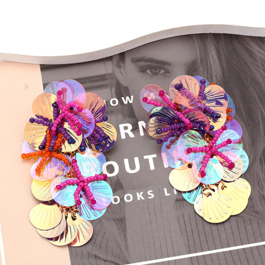 Women's Sequined Flower Tassel Exaggerated Dopamine Handmade String Earrings