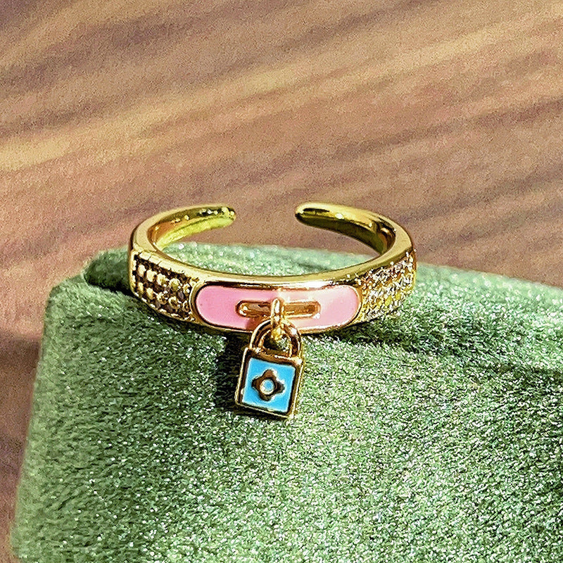 Retro Color Enamel Lock Pig Nose Open-end Zircon Ring