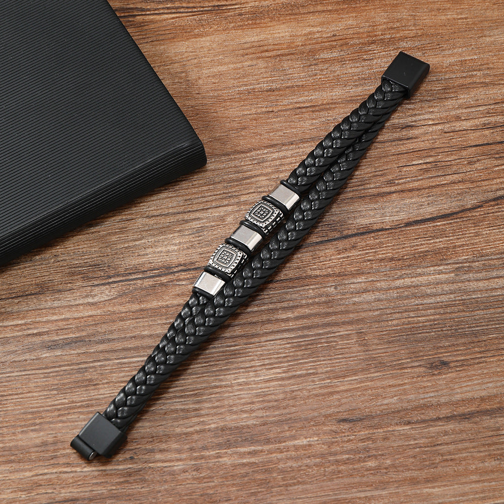 Personality Geometry Square Pattern Leather Magnetic Buckle Alloy Bracelet