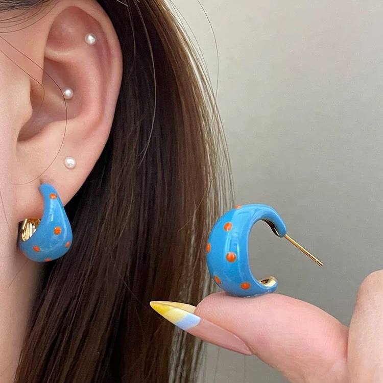 Drip Glaze Polka Dot Contrast Color Sier Light Luxury Minority Earrings