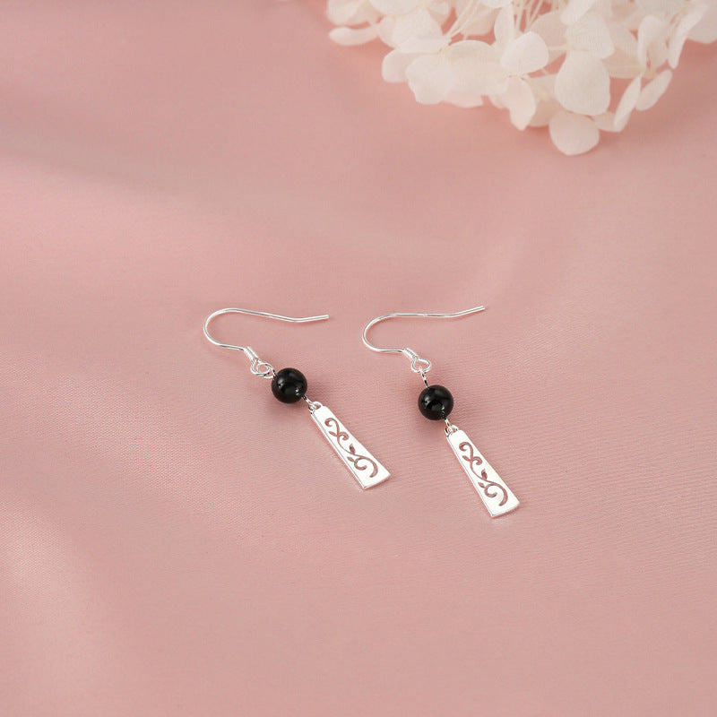 Black Agate Round Beads Female Niche High-grade Versatile Exquisite Ear Hook