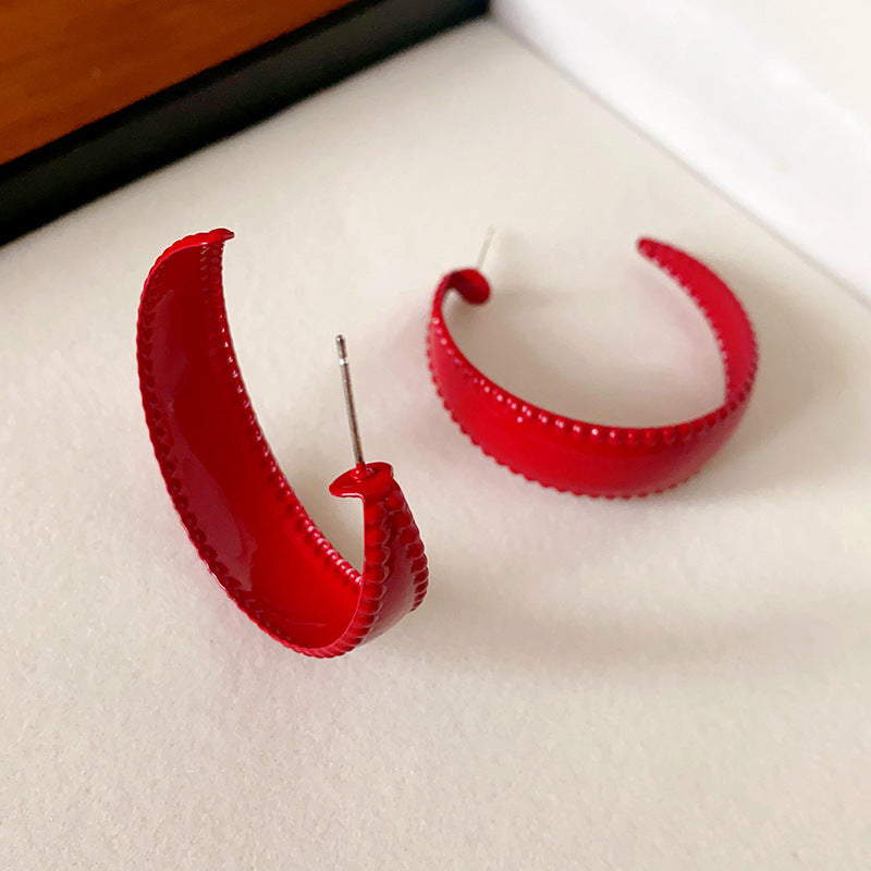 Women's Sier Needle Red Geometric Ear Korean Earrings