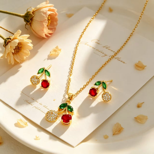 Cherry Suite Red Green Zircon Vitality Girlish Style Daily Commuter Jewelry Set