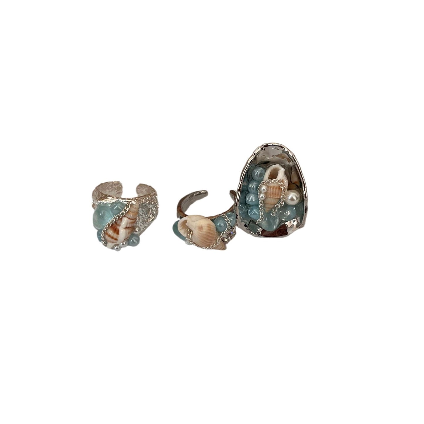 Style Natural Water Blue Stone Shell Handmade Cold Wind Metal Rings