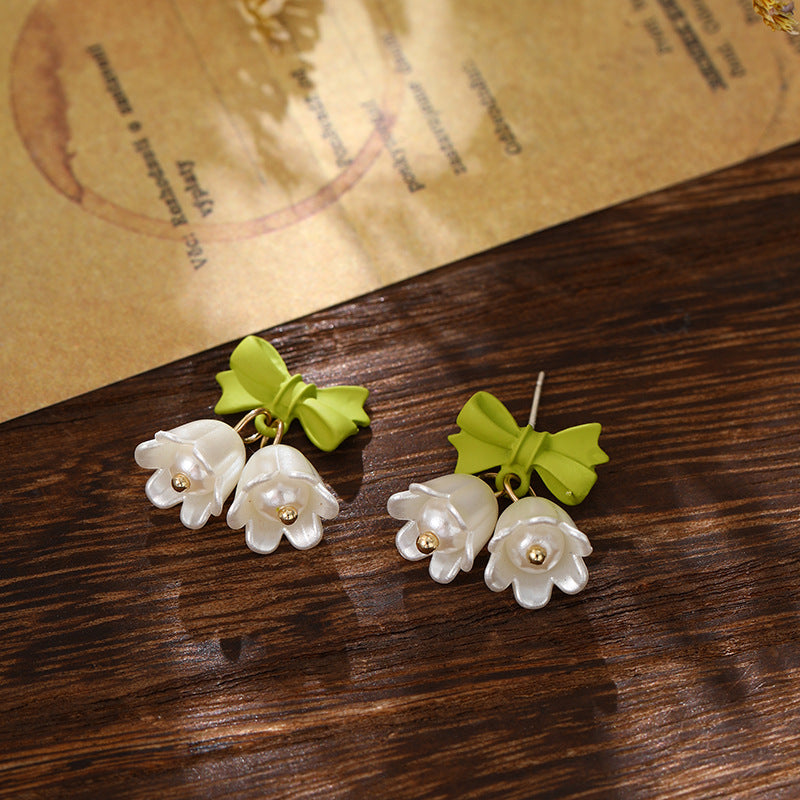 Sier-plated Ear Tulip Flower Green Bow Bell Female Earrings