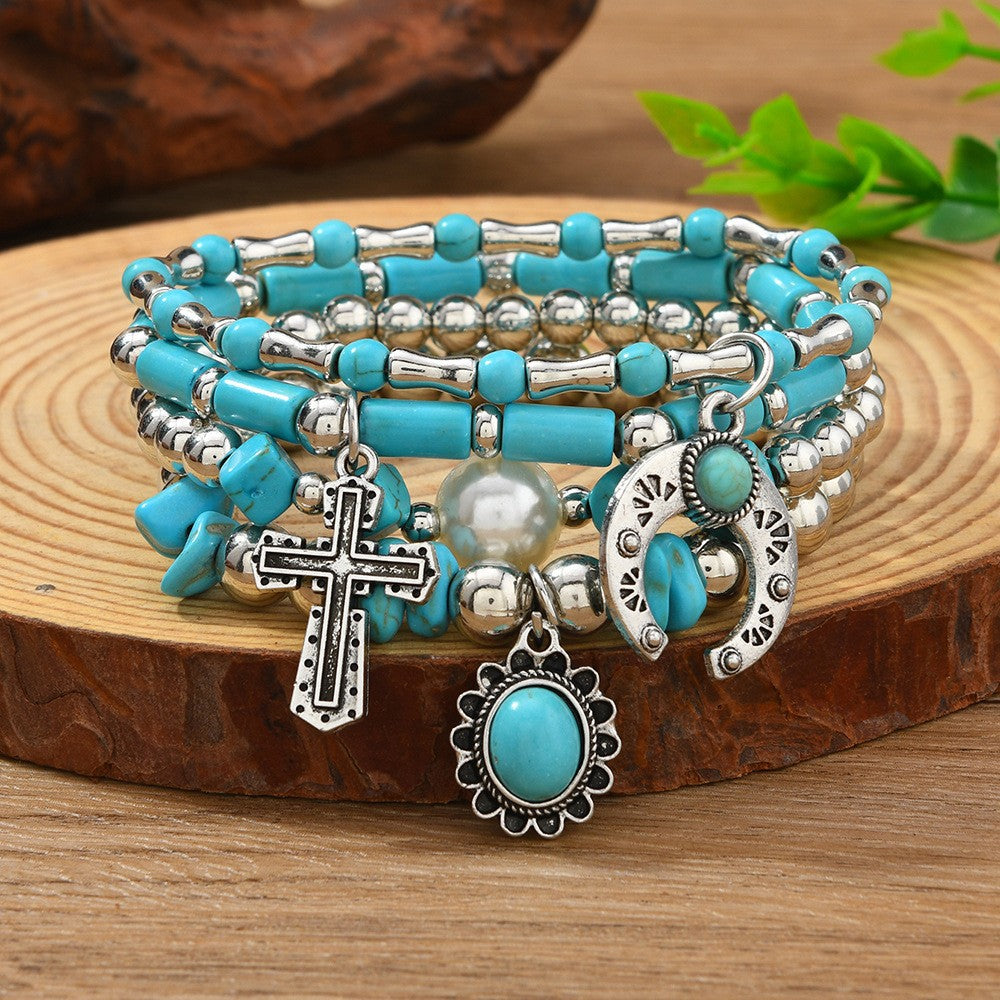 Women's Turquoise Handmade Beaded Bull Head Cowboy Hat Match Bracelet