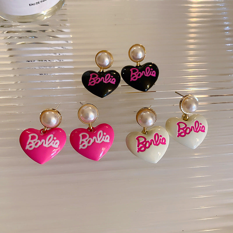 Drop Oil Barbie Letter Love Heart Imitation Pearl Earrings