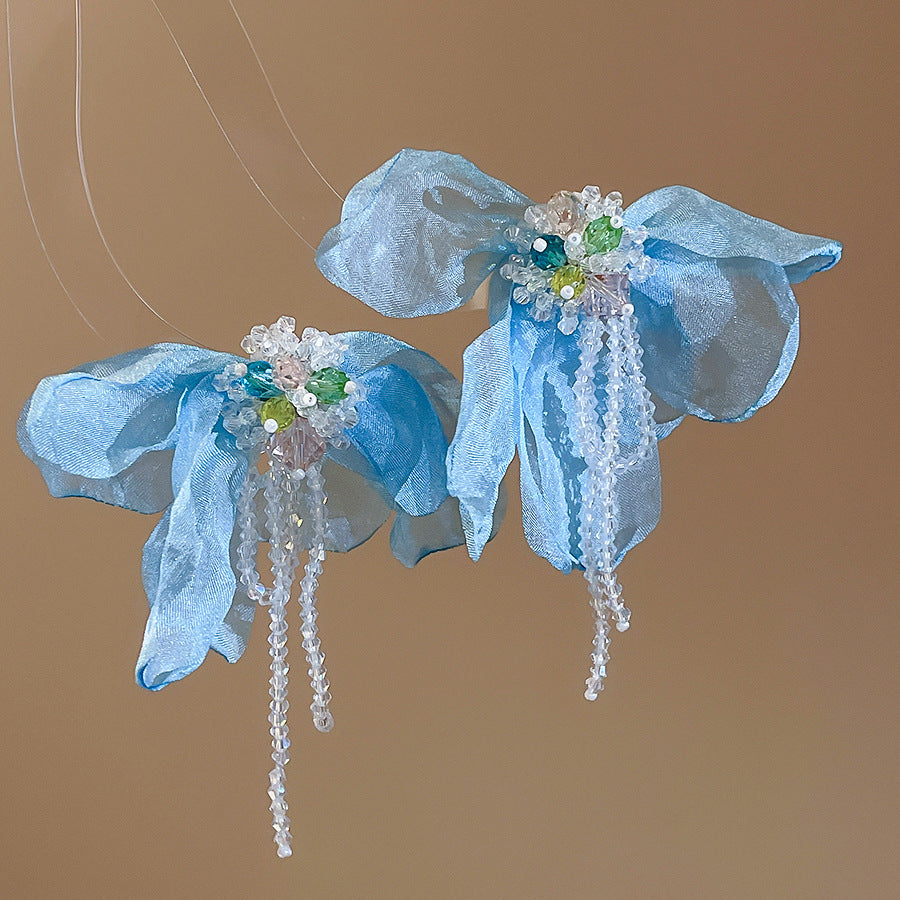 Women's Fresh Blue Fabric Flower Tassel Seaside Vacation Style Light Stud Earrings