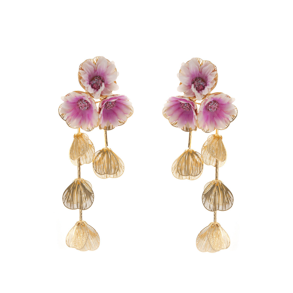 Women's Fashion Metal Hollow Floral Tassel Fresh Earrings