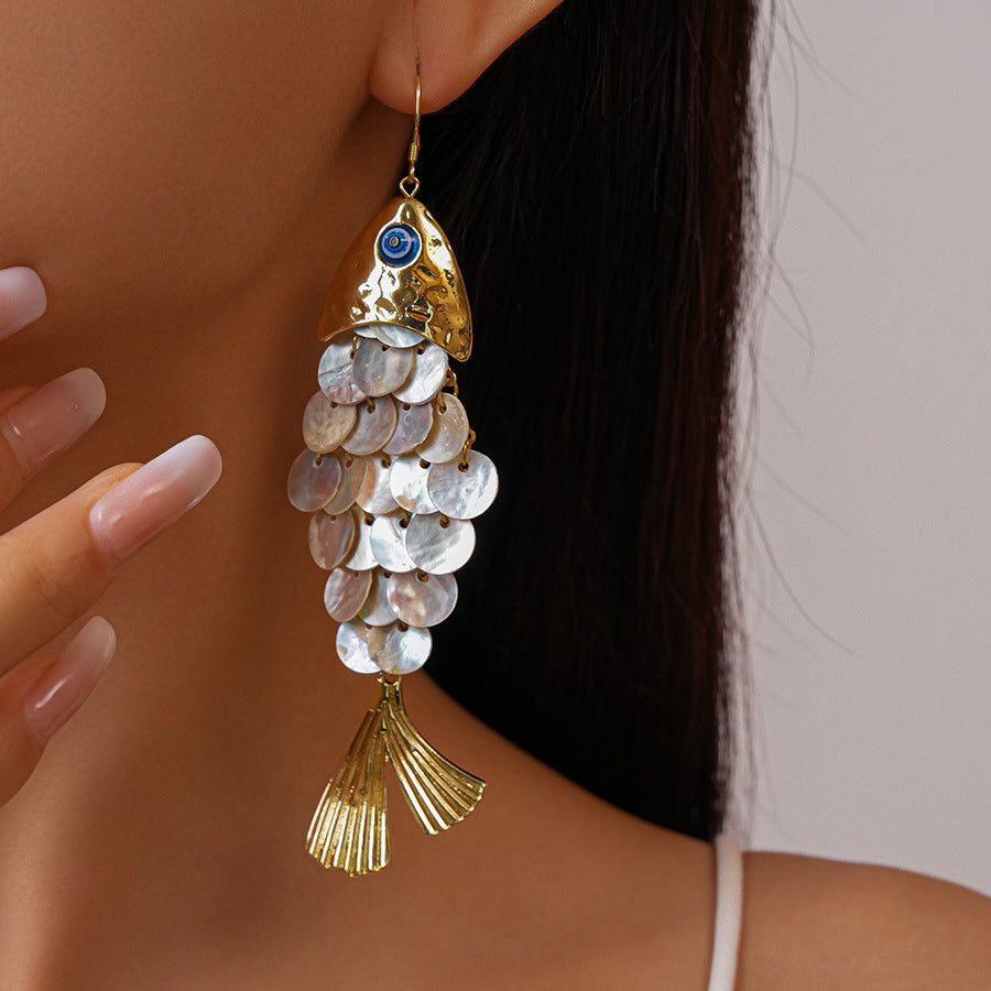 Women's Fish-shaped Shell Tassel Ear Hook Seaside Earrings