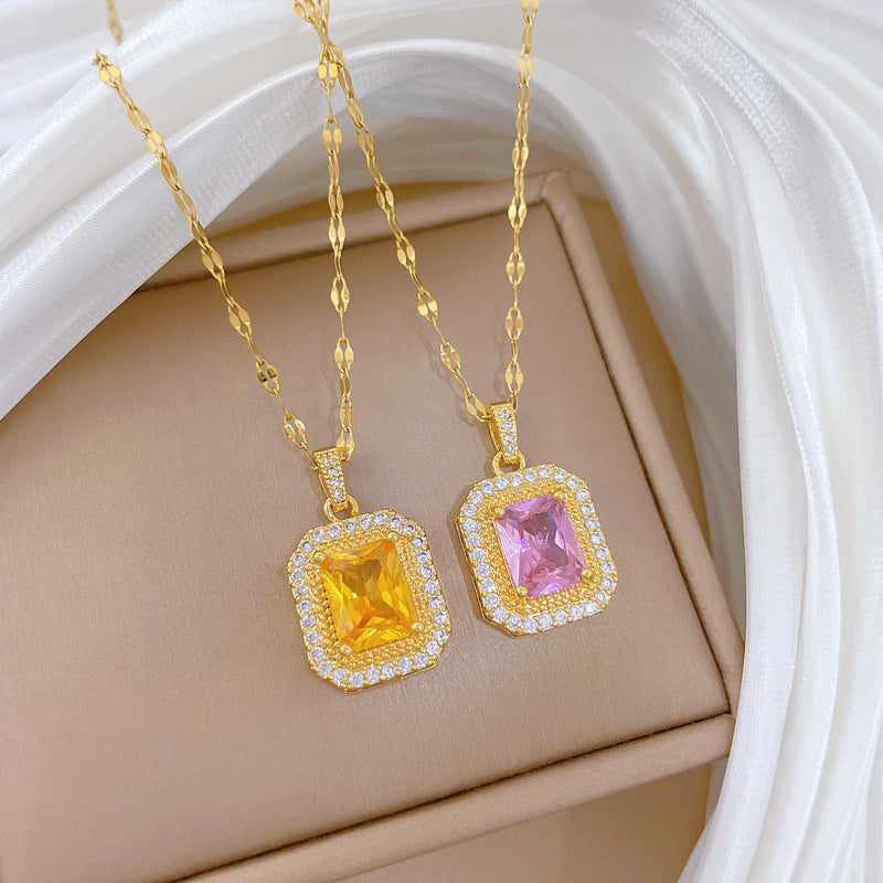 Steel Light Luxury Square Full Rhinestone Zircon Design Versatile Korean Necklaces