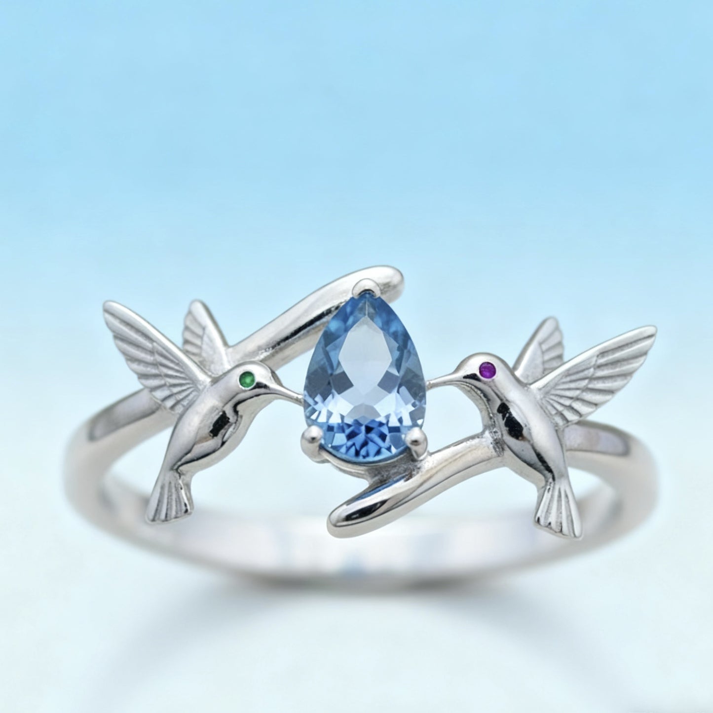 Women's Water Drop Lake Blue Diamond Magpie Happy Ring