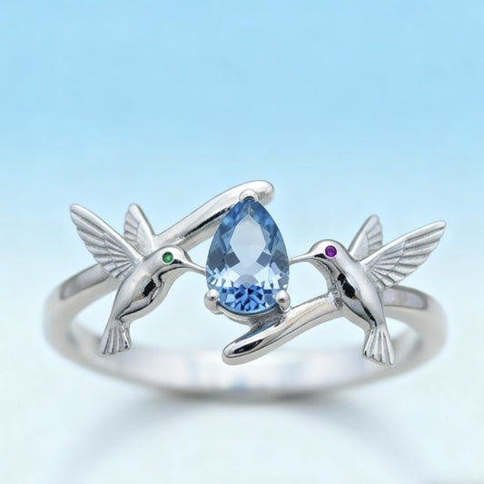 Women's Water Drop Lake Blue Diamond Magpie Happy Ring