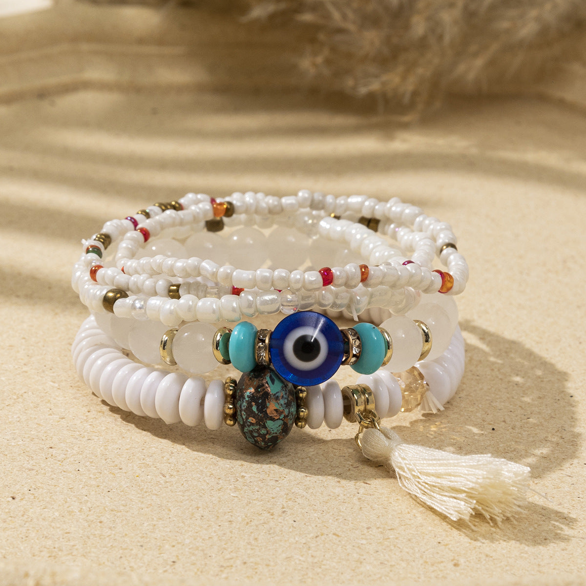 Women's Bohemian Vacation Style Twin Design Sense Glass Beads Stretch Bracelet
