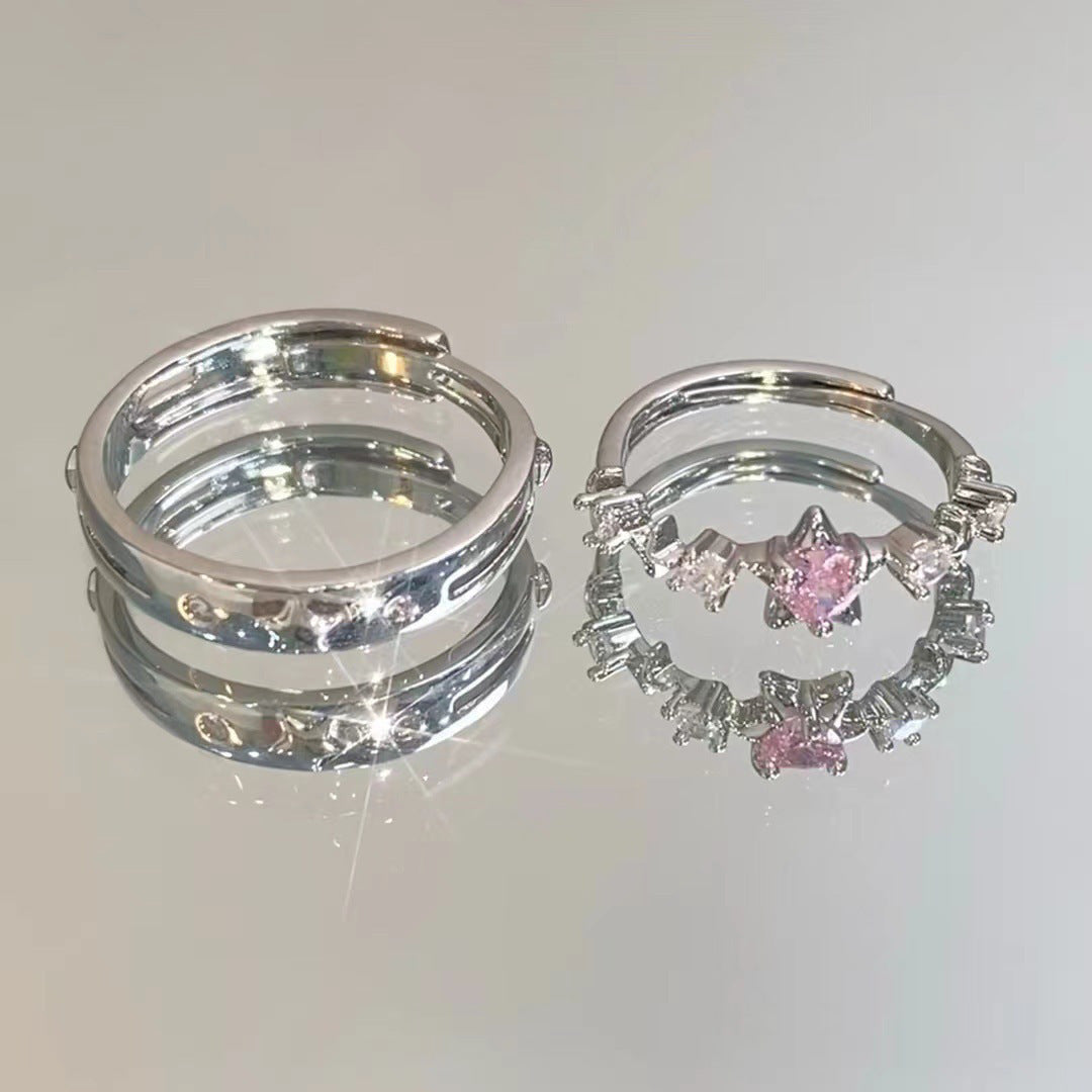Women's & Men's Pink Niche Cute Bear Argent Pur Five-pointed Star Rings