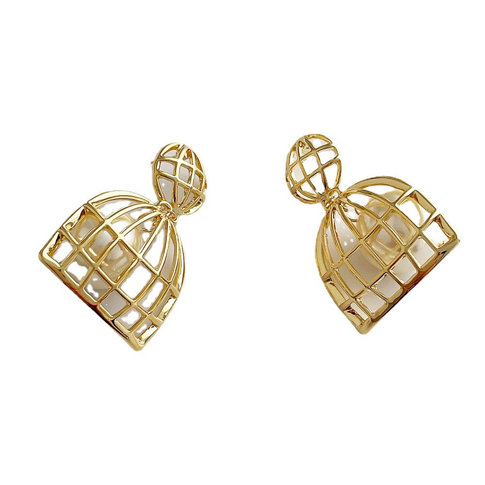 Light Luxury Cold Style Metal Bird Cage Wrapped Pearl Sier Earrings