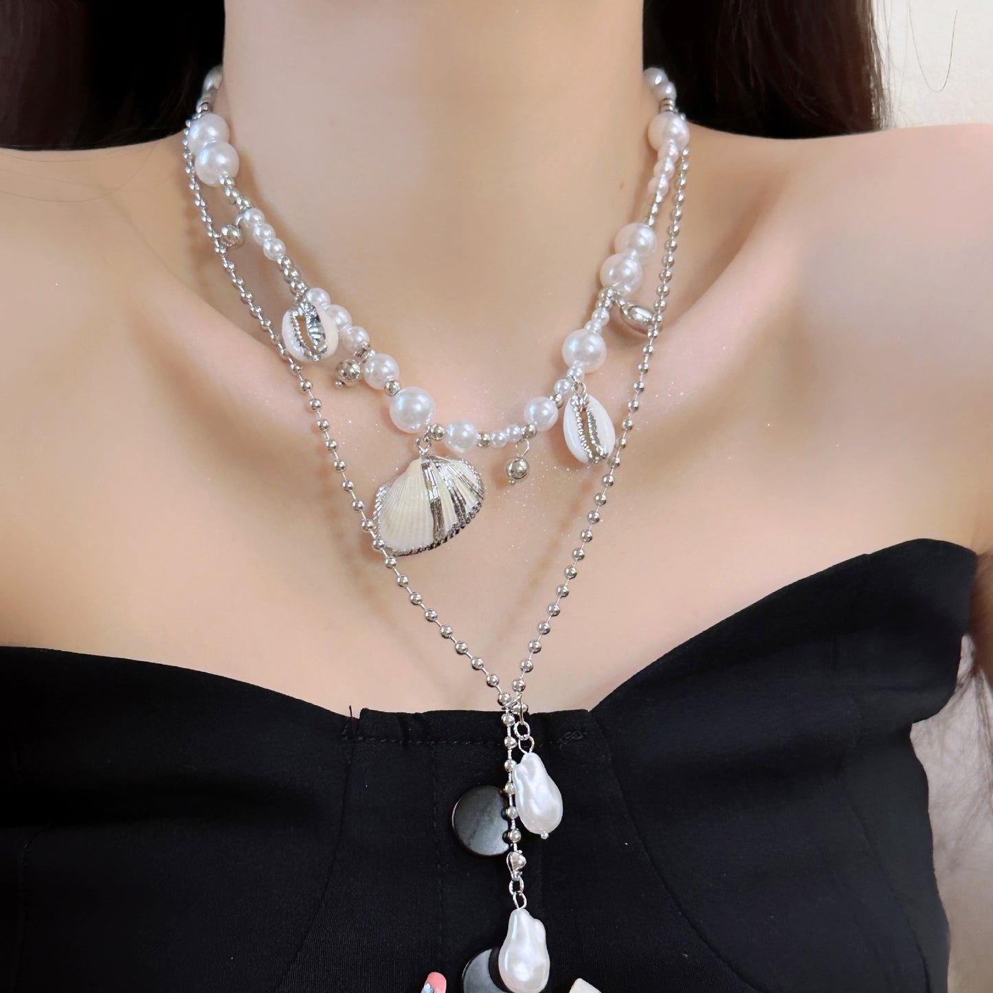 Shell Conch Pearl Double Layer Twin Graceful Fashionable Necklace