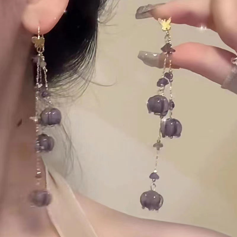 Pastoral Purple Lily Long Tassel Retro Exaggerated Earrings