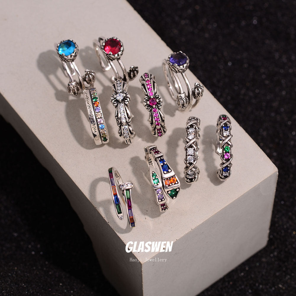 Light Luxury Trendy High Sense Colorful Crystals Cross Female Rings